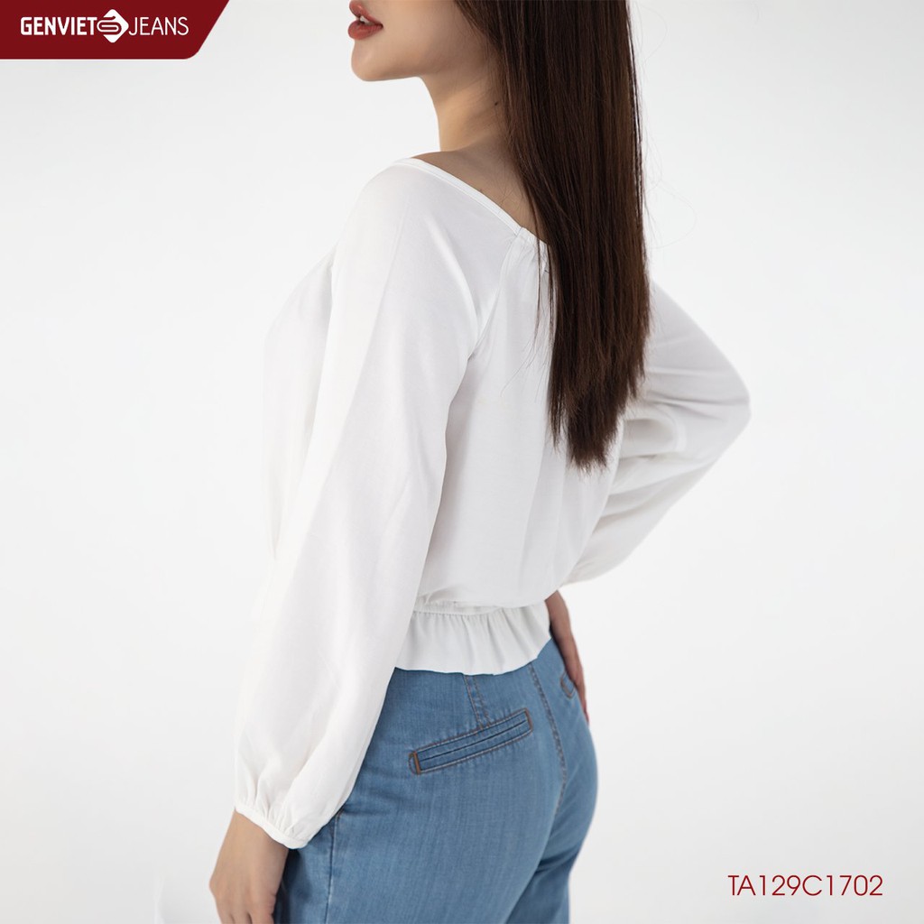 Áo Sơ Mi Croptop Nữ Tay Bồng Dài Tay Genviet Bo Eo Cao Cấp TA129C1702