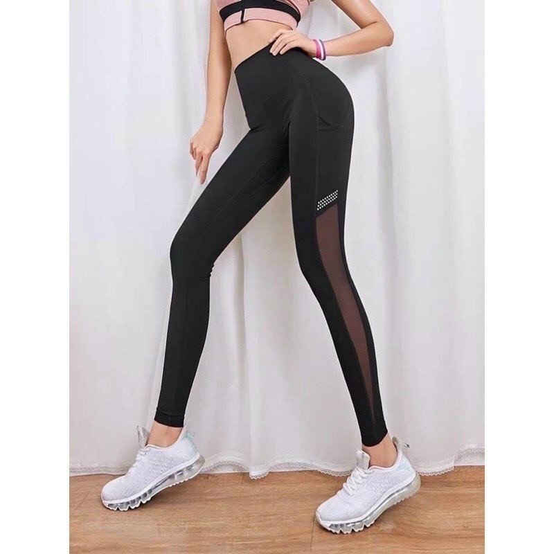 Quần Tập Gym Yoga Dài Phối Lưới Túi Nâng Mông, Quần Legging Thể Thao Aerobic In Chữ Ba Màu [Ảnh Chụp Thật] - OQ067