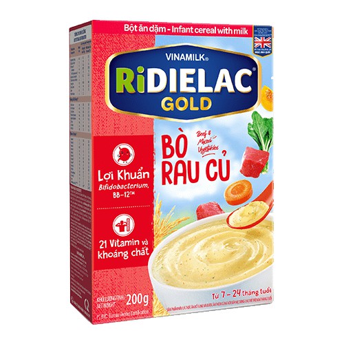 BỘT ĂN DẶM RIDIELAC GOLD BÒ RAU CỦ - HỘP GIẤY 200G[HSD10/10/2022]