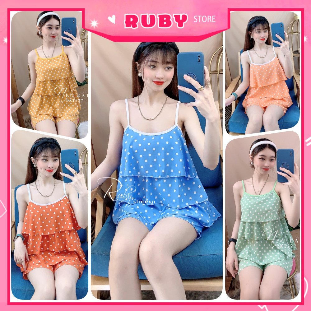 Đồ bộ 2 dây chấm bi cho nữ mặc nhà chất kate mềm mát dễ thương BKT227