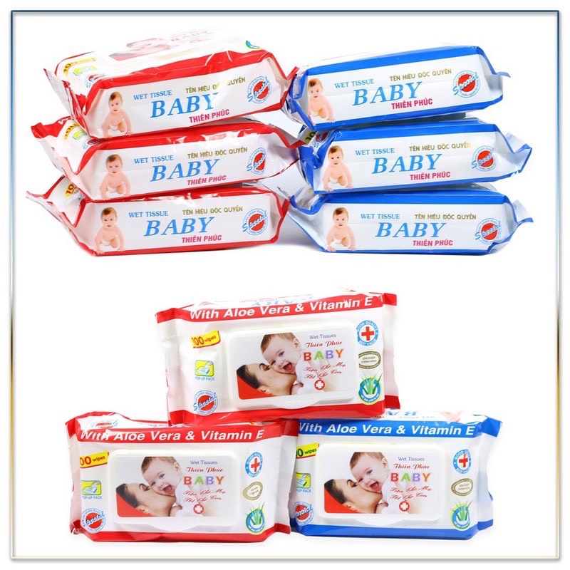 Khăn giấy ướt Baby Thiên Phúc 100 tờ, khăn giấy ướt mini, khăn ướt không mùi, Date mới