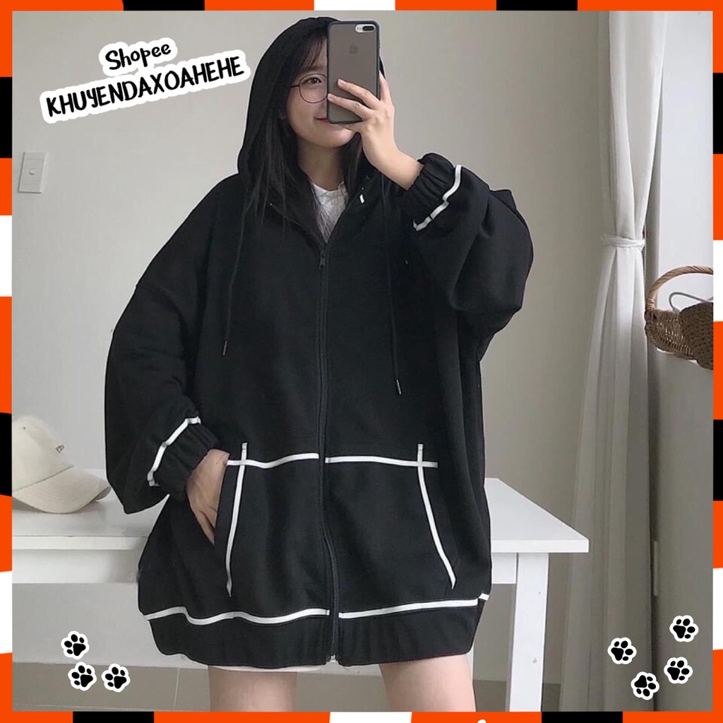 A006 Áo khoác nỉ nam nữ form rộng unisex ,Hoodie Zip đen chỉ nổi trắng có mũ thể thao có thể dùng làm áo chống nắng cute | BigBuy360 - bigbuy360.vn