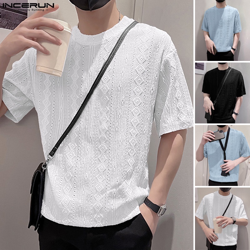 Áo thun INCERUN ngắn tay cổ tròn in họa tiết thời trang Hàn Quốc cho nam