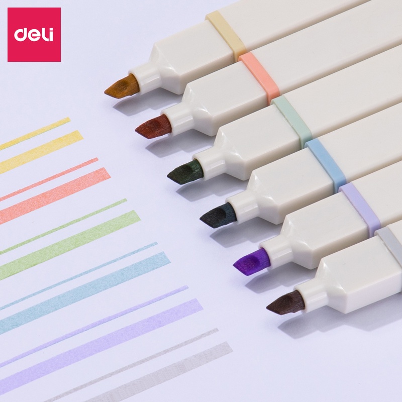 Bộ bút highlight nhớ dòng kèm sticker trang trí đánh dấu màu pastel Deli dạ quang tiện lợi cho học sinh văn phòng s741