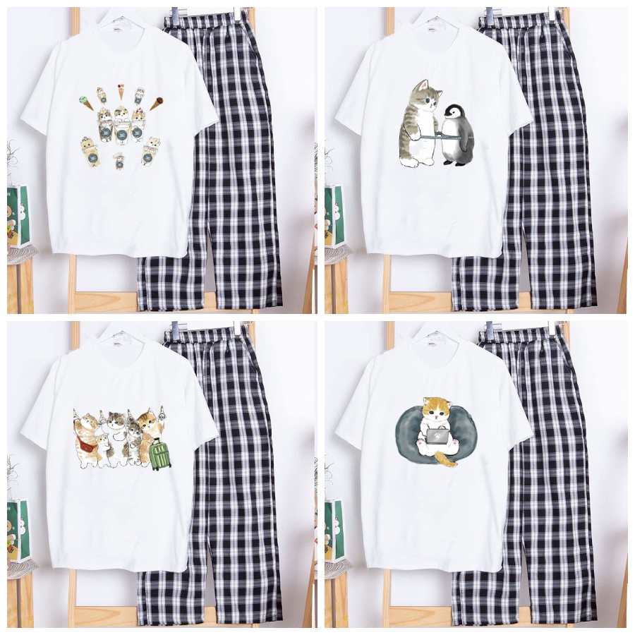 Sét Bộ Đồ Quần Ống Rộng Kẻ Caro Đen + Áo Phông Trắng Nữ Mặc Ở Nhà Đi Chơi In Họa Tiết 3D Chú Mèo Cute 10 - FANI
