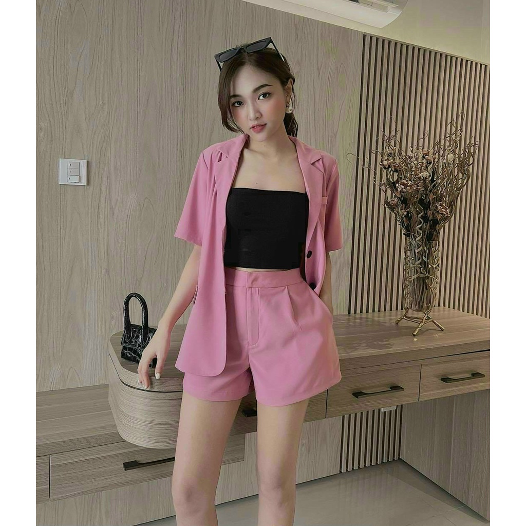 (Freeship)Sét 3 chi tiết  áo vest tay ngắn phối quần có túi,kèm lót cotton,thiết kế trẻ trung năng động