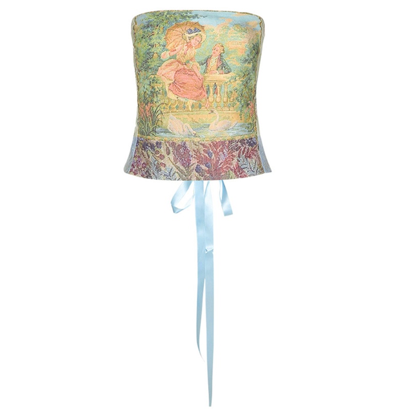 Áo croptop không dây có dây cột phong cách retro gợi cảm dành cho nữ