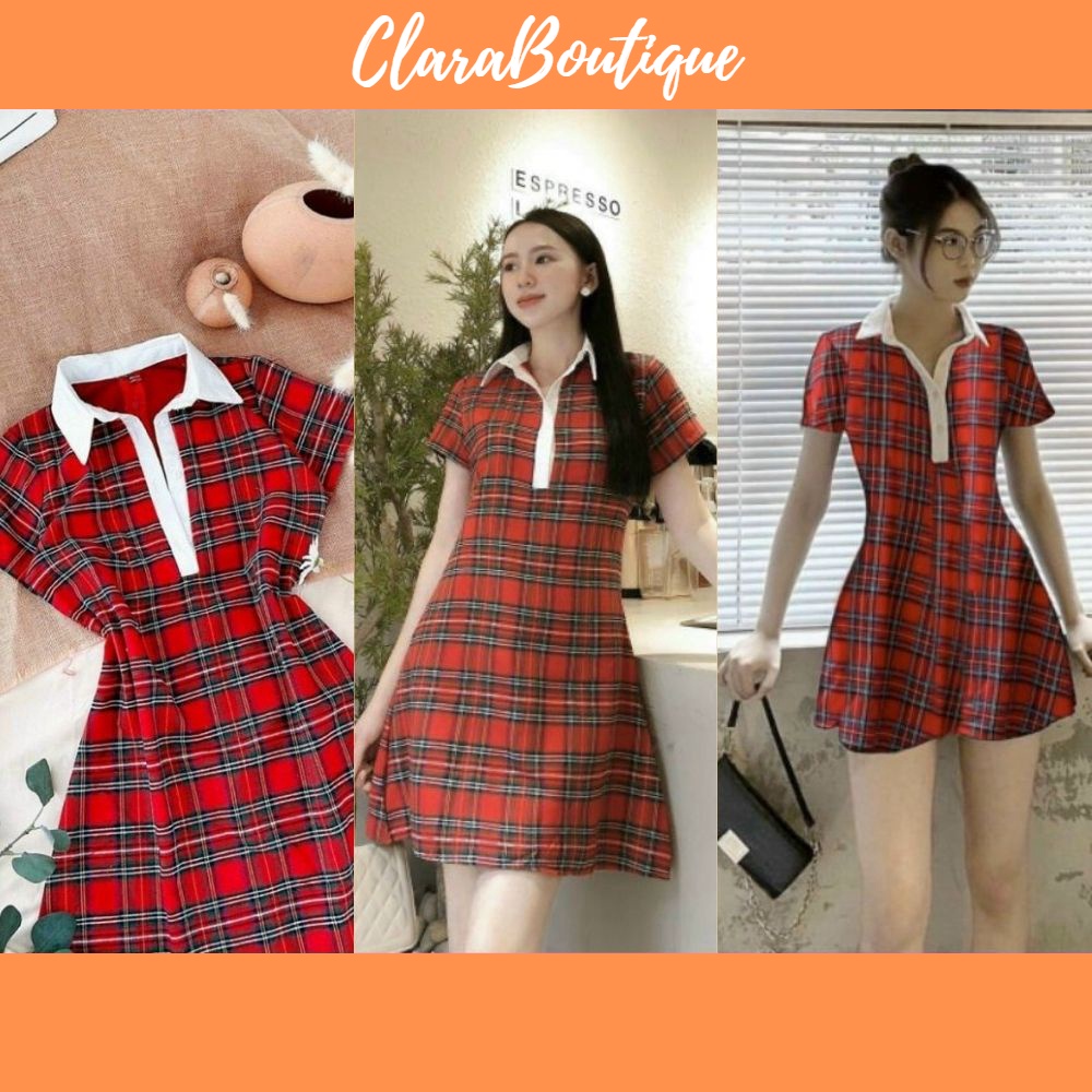 Đầm polo, đầm nữ caro đỏ viền cổ trắng dáng xòe chất cotton cao cấp size S M L SKUD-22