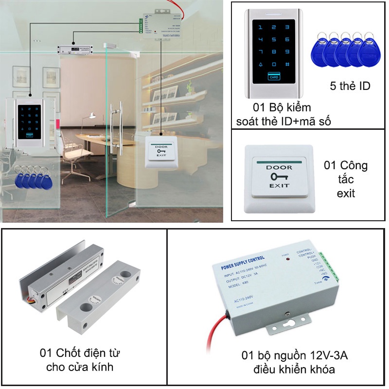 BỘ KHÓA CHỐT CỬA KÍNH KÈM KIỂM SOÁT MỞ CỬA BẰNG THẺ ID-MÃ SỐ, NGUỒN ĐIỀU KHIỂN 12V-3A BCCK.ID06 (Kho hàng Hà nội)