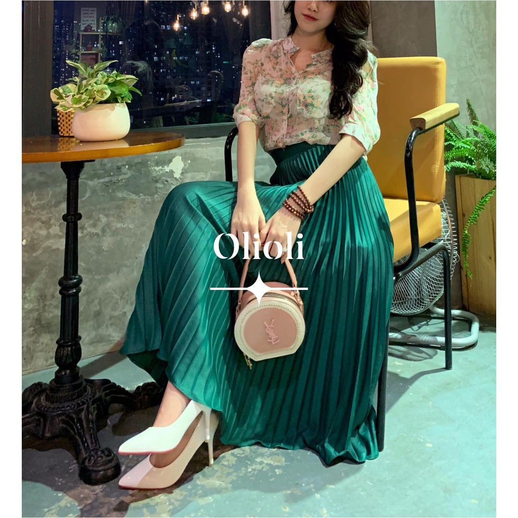 Chân váy xếp ly Olioli Fashion (Dáng Midi, lụa satin)