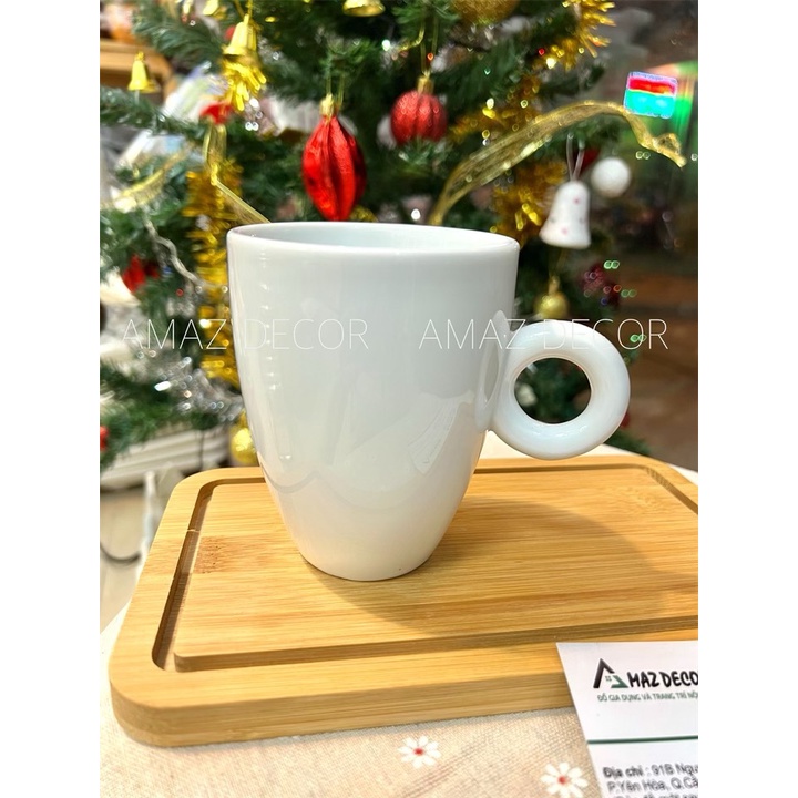 Bộ tách ly cốc sứ uống nước trà latte quai tròn 330ml Bát Tràng trắng trơn  cao cấp kiếu dáng độc lạ