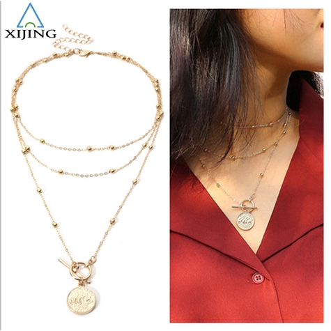 Dây chuyền đa lớp kiểu Boho Retro mặt hình miếng thẻ tròn thời trang cho nữ