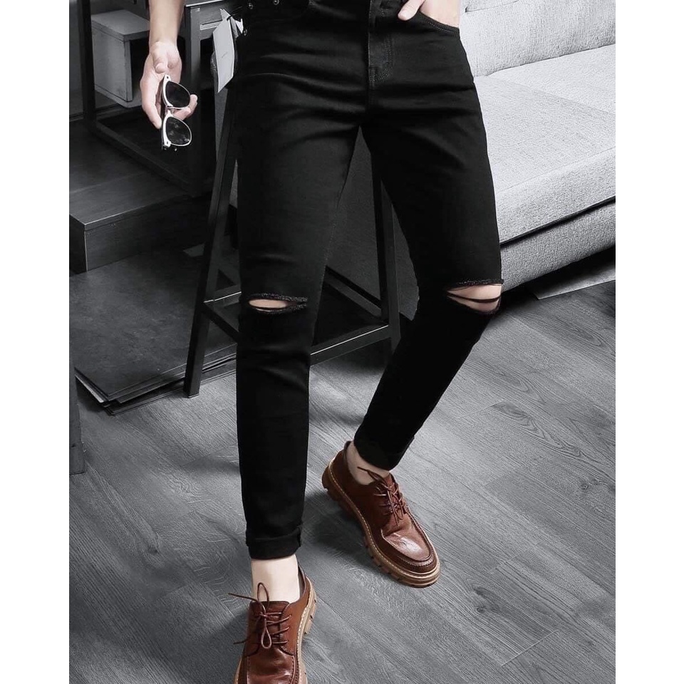 Quần jean nam quần bò màu đen rách hai gối thời trang cá tính dễ phối đồ chất jean bò co dãn thoải mái vận động ms50