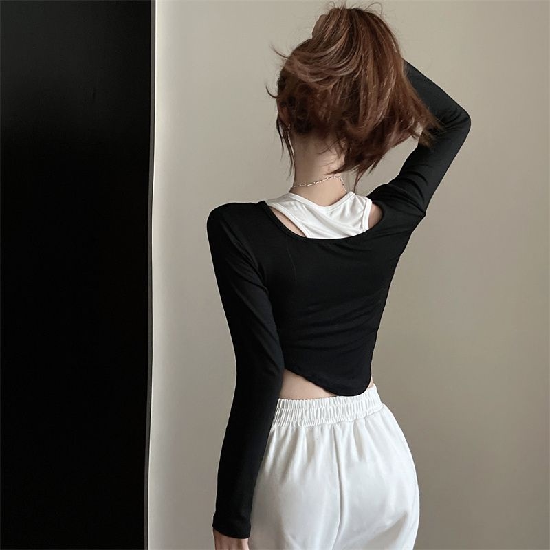 Áo Thun COZOK Tay Dài Cổ Tròn Dáng Ngắn Thiết Kế Bất Đối Xứng Màu Sắc Độc