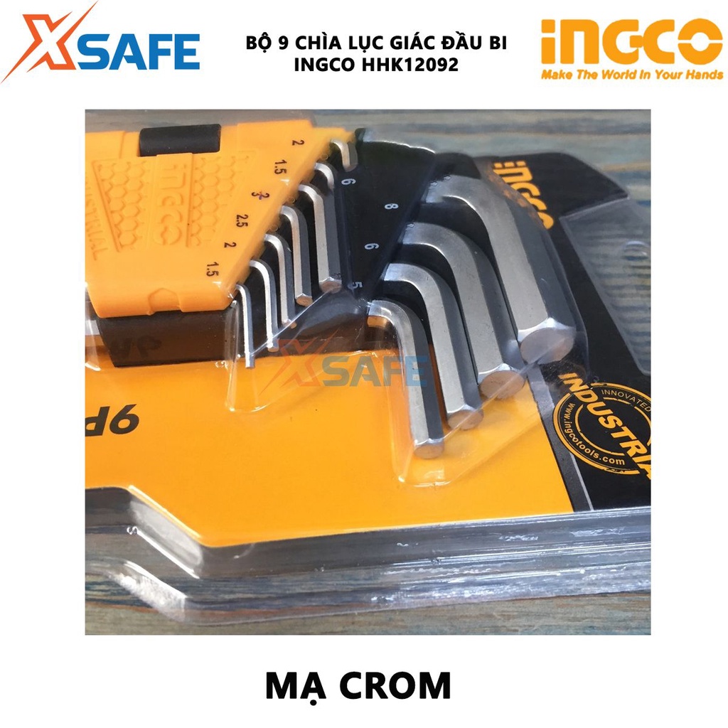 Bộ 9 chìa lục giác đầu tròn INGCO HHK12092 chất liệu CR-V, size 1.5-10mm, chịu nhiệt, được mạ thép chrome
