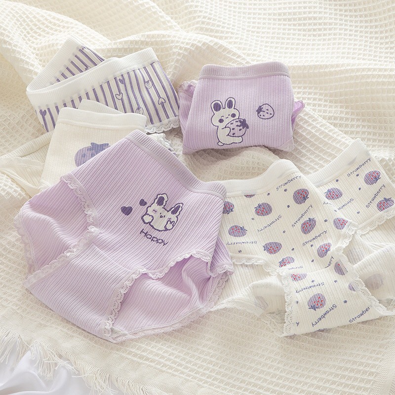 Quần lót cotton nữ, đồ lót kháng khuẩn viền trơn, quần chíp họa tiết in thỏ tím - HOATIEU