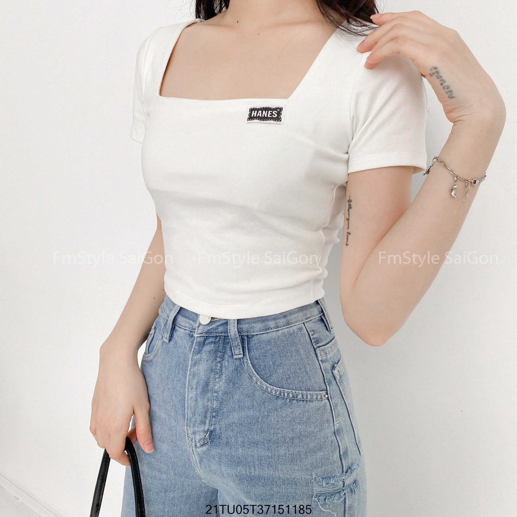 Áo thun tay ngắn cổ vuông thêu HANES ulzzang VM STYLE 22ATU03T370101