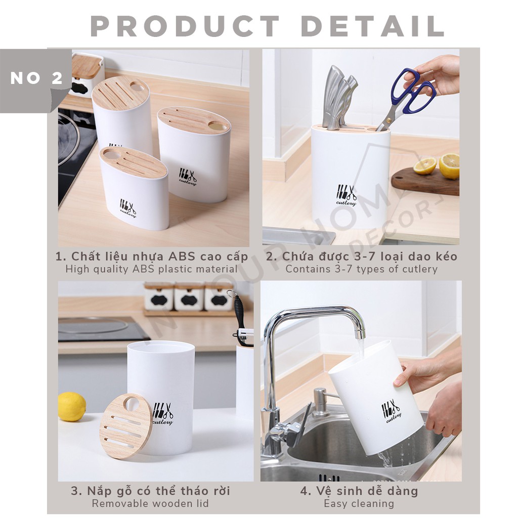 [SIÊU XINH] Giá đựng dao kéo nắp gỗ dung tích lớn phong cách Bắc Âu