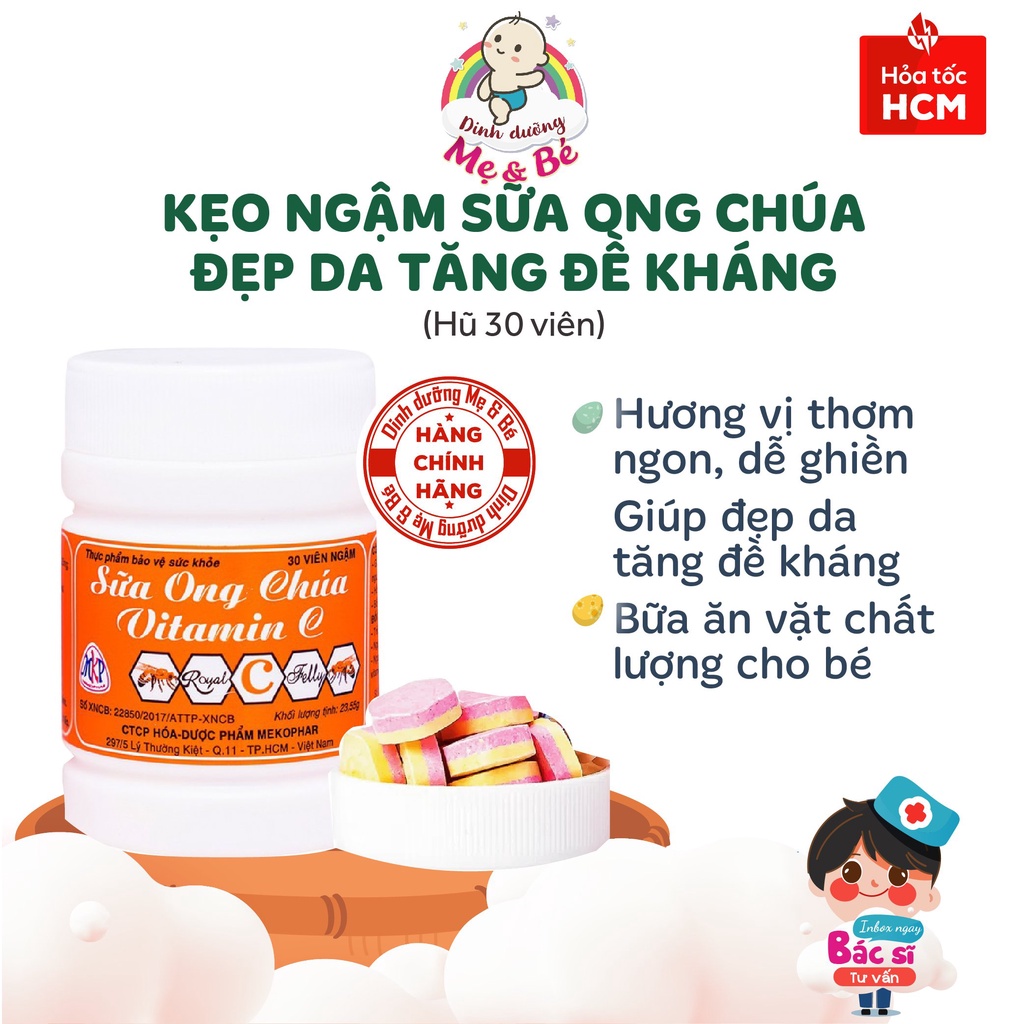 Kẹo ngậm sữa ong chúa Vitamin C Đẹp da cho mẹ, Tăng đề kháng cho bé (Hũ 30v)