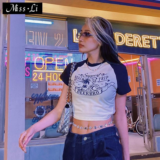 Áo Thun Ngắn Tay Ôm Dáng Phối Màu Sắc Tương Phản Phong Cách Retro Mỹ Thời Trang Mùa Hè Cho Nữ