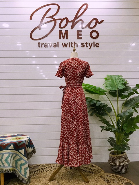 Váy cam đất hoa nhí trắng dây xỏ thắt eo