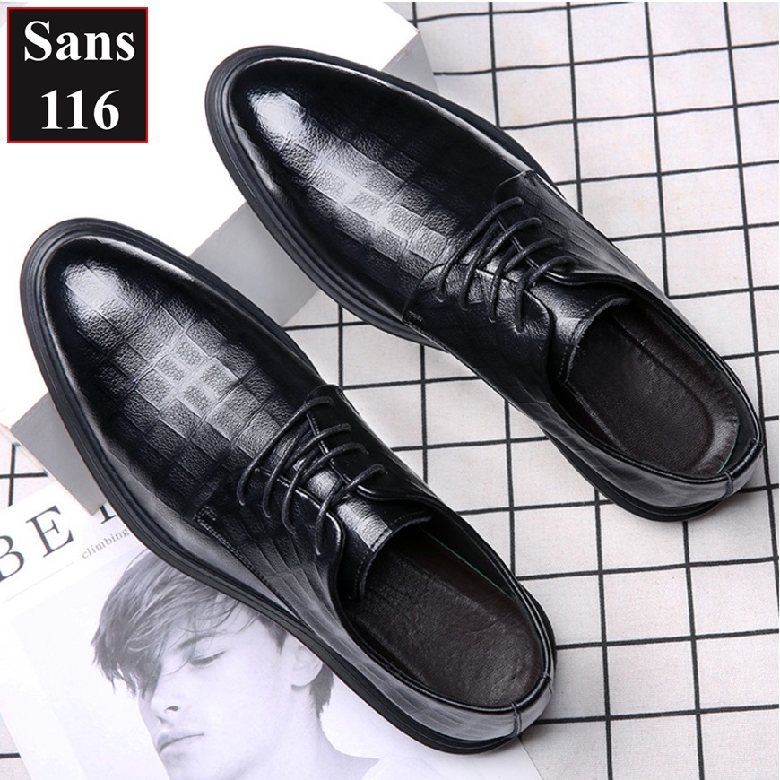 Giầy tây nam tăng chiều cao 6cm Sans116 giày derby công sở đen độn đế buộc dây cao cấp chú rể đám cưới mặc vest