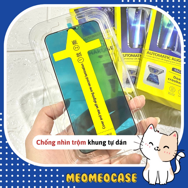 Kính cường lực iphone khung dán tự động CHỐNG NHÌN TRỘM, tự dán dễ dàng - Meomeo Case