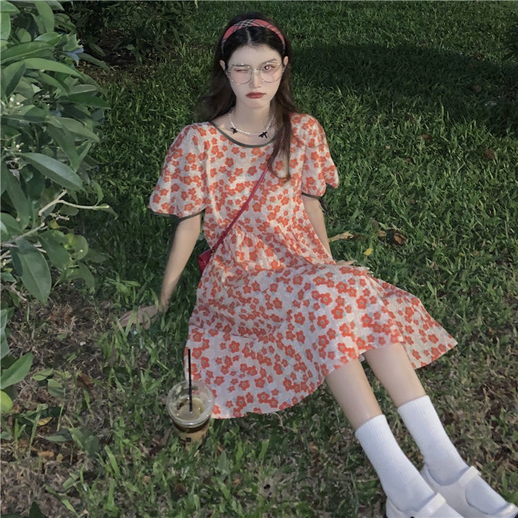 Đầm hoa cổ tròn tay phồng thắt dây phong cách cổ điển thời trang dành cho nữ