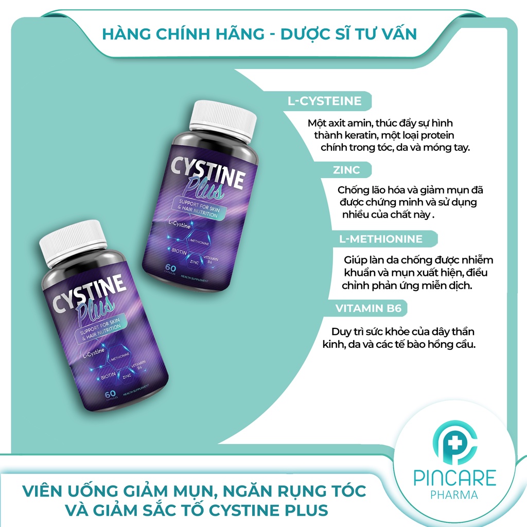 Cystine Plus-Viên uống giảm mụn, ngăn rụng tóc và giảm sắc tố Supplement Fact Cystine Plus  - Nhà Thuốc PinCare