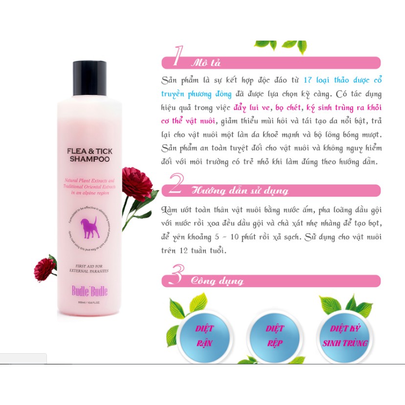 BUDLE BUDLE FLEA & TICK SHAMPOO | Dầu gội trị ve và bọ chét cho chó 300ml