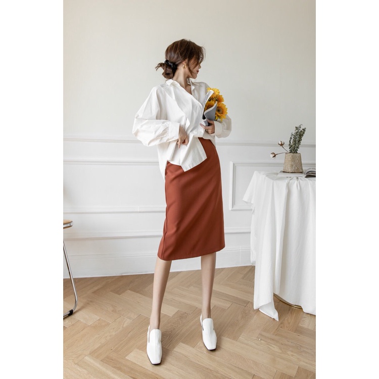 Chân váy công sở dáng dài bút chì xẻ sau vải tuyết mưa cao cấp màu đen be nâu phối sơ mi mặc đi làm văn phòng