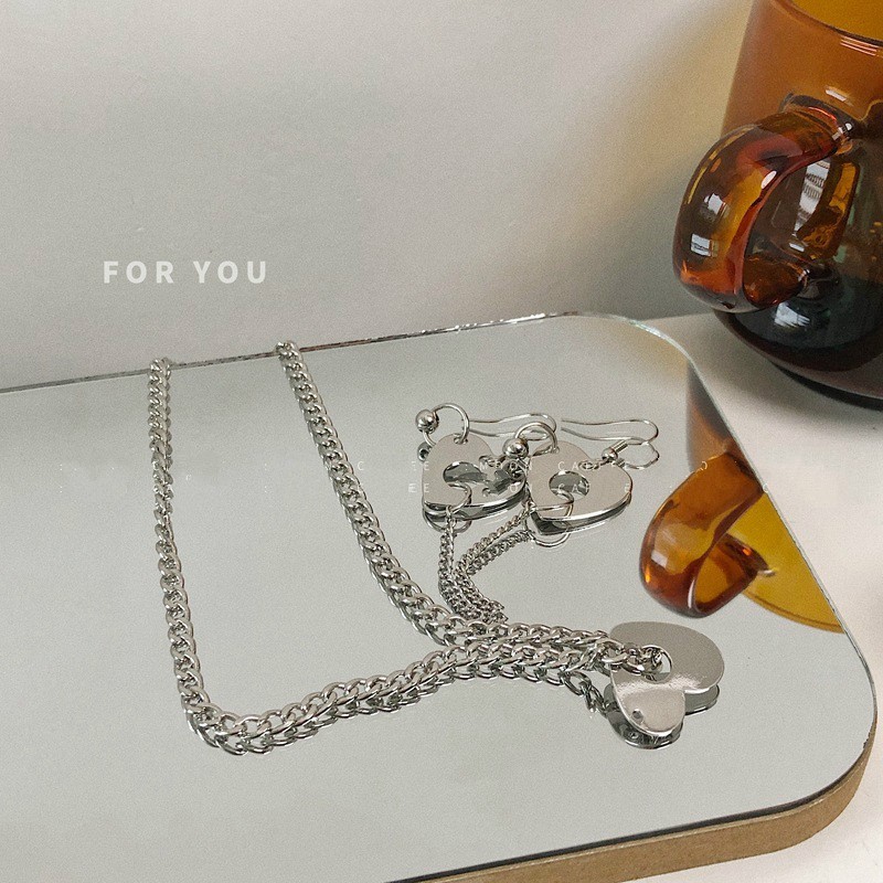 Đôi khuyên tai dáng dài/ Dây chuyền mặt hình trái tim phong cách retro đơn giản thời trang