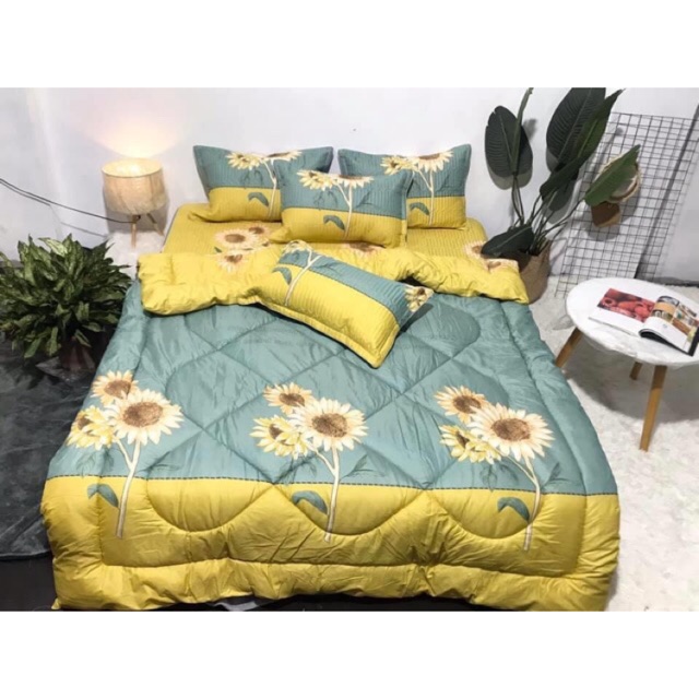 [FLAST SALE] Bộ drap giường 5 món :01ga chun + vỏ gối 3 món/ga +2 vỏ gối đầu+1 chăn Trần bông dày+1 vỏ ôm