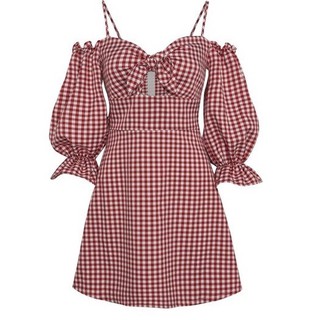 Đầm kiểu SheByShj trễ vai caro đỏ - Lindsie Dress