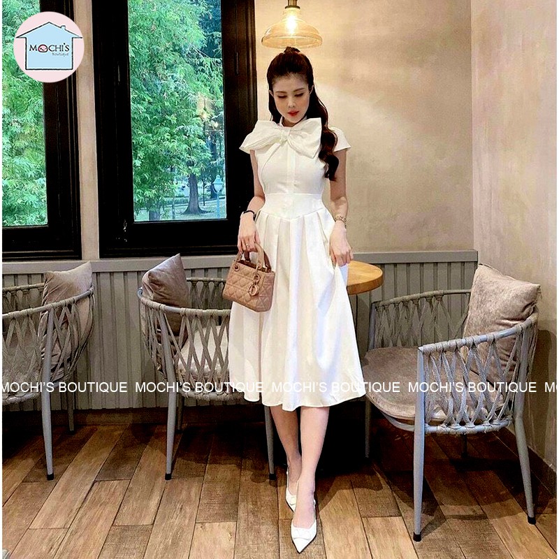 Váy hè nữ dáng dài, mẫu váy đầm maxi cổ nơ dài qua gối dáng xòe nữ tính, tay ngắn đẹp - m054 | BigBuy360 - bigbuy360.vn