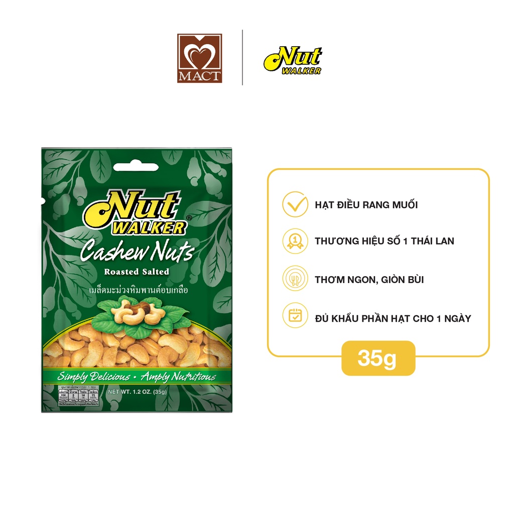Hạt điều NUT WALKER - Rang muối Roasted Salted - túi 35g - Date tháng 08/2022