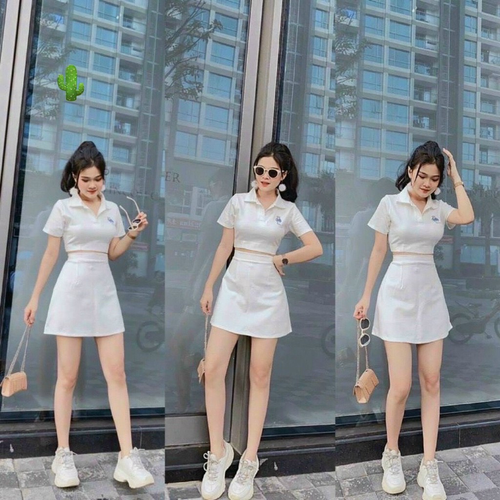 Sét bộ áo croptop cổ bẻ thêu logo gấu bên ngực phối chân váy chữ A cực xinh , chất thun bozip mềm mịn