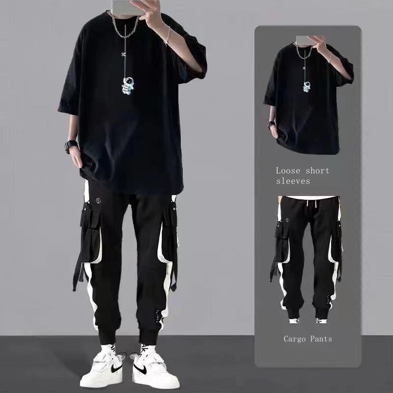 Set Áo Thun Ngắn Tay Cổ Tròn + Quần Yếm Dài Ống Rộng Thời Trang Hàn Cho Nam