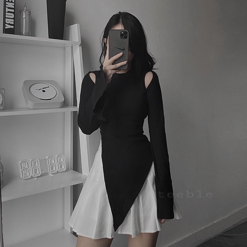Áo croptop nữ dài tay vạt chéo, áo kiểu nữ Hàn Quốc khoét vai ôm body sexy, quyến rũ vạt nhọn xẻ tà siêu AO012