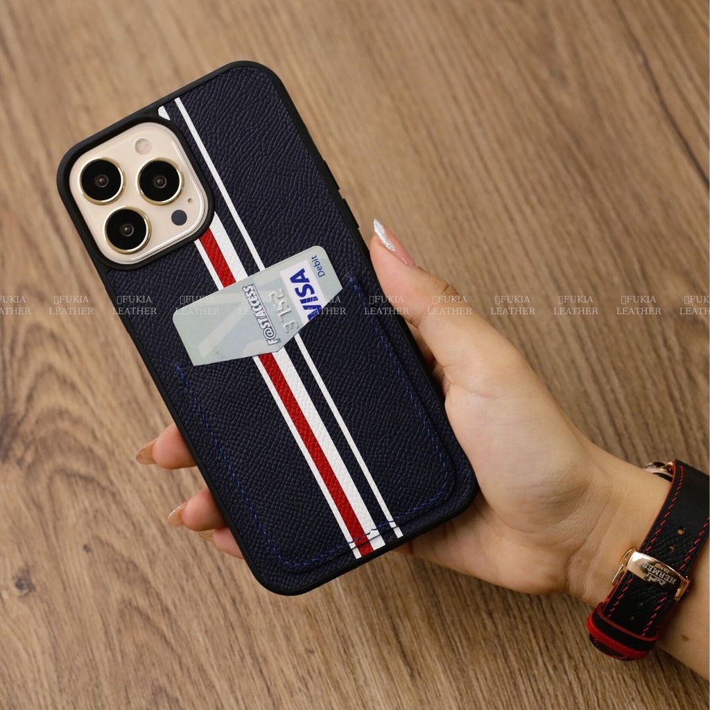 Ốp da thủ công viền đen Epsom khe thẻ TB cho IPhone 14/14Plus/14Pro/14Promax/13/13Pro/13Promax/12/12Pro/12Promax ODTC113
