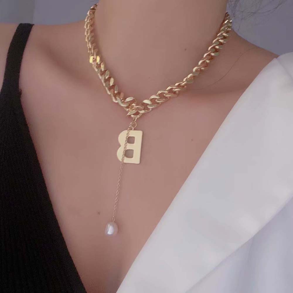 vòng cổ Sợi Xích Dày Dặn Đính Hạt Ngọc Trai Và Chữ B Phong Cách Hip Hop Mới