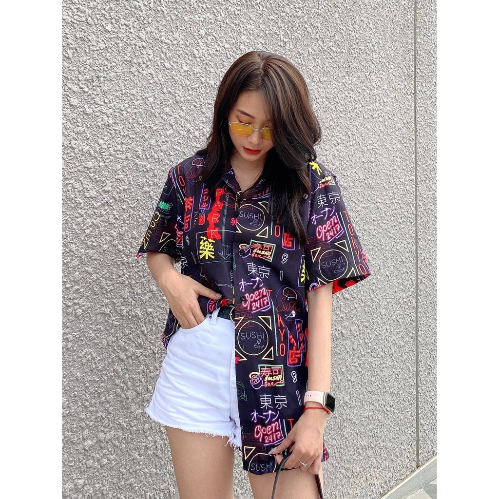 Áo sơ mi họa tiết nam nữ Neon unisex form rộng