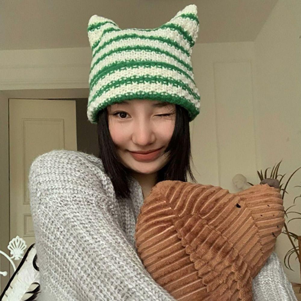 Mũ beanie Tròng Đầu Họa Tiết Kẻ Sọc Phong Cách Nhật Bản Thời Trang Thu Đông