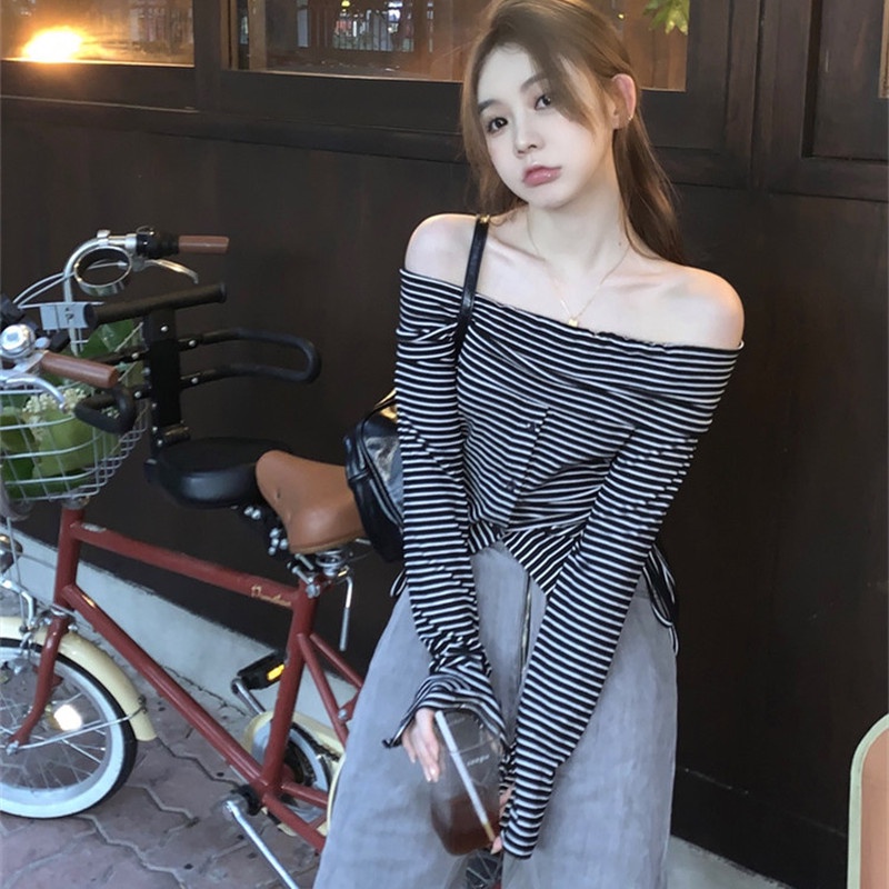 Áo Thun Dài Tay Phối Dây Rút Hoa Văn Kẻ Sọc Thời Trang Dành Cho Nữ