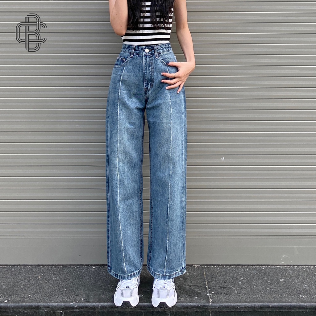 Quần jean ống rộng nữ lưng cao gân giữa cá tính - La’coba