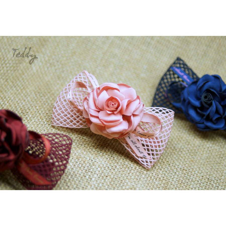 Cặp tóc, kẹp tóc nơ lưới hoa hồng lụa handmade.