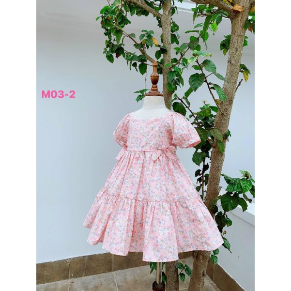 Đầm bé gái tiểu thư vải thô hoa đính nơ xinh xắn 10-38kg