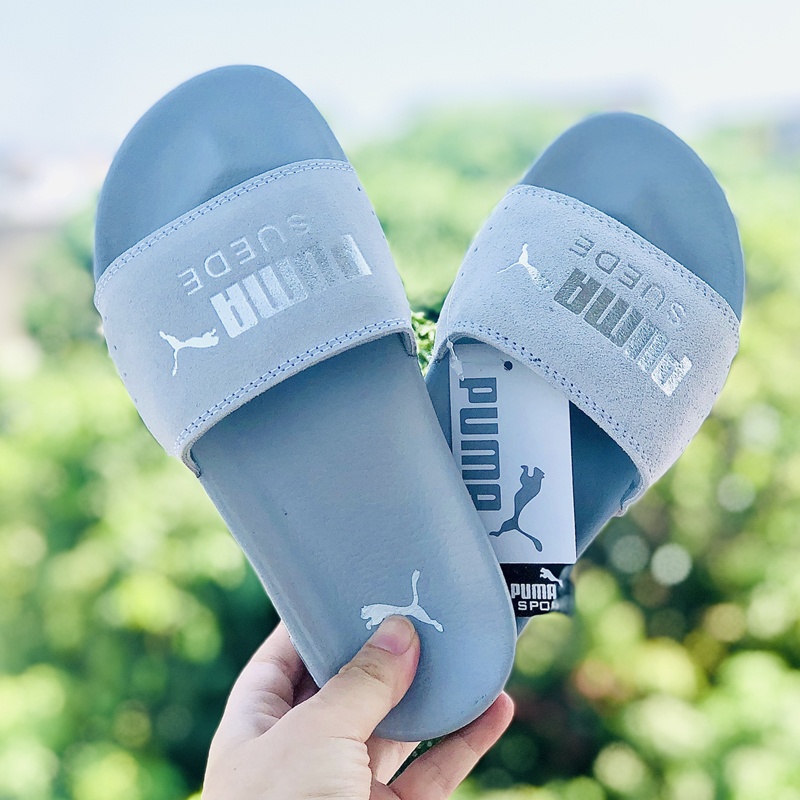 Dép puma da lộn, FREESHIP + Hộp hãng, dép puma quai ngang hình con báo nam nữ thể thao kèm tem tag mác,full xám