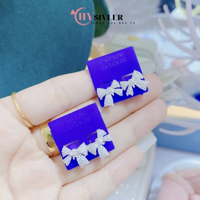 Bông tai bạc ta nơ nạm đá xinh xắn bông tai nữ bạc thật