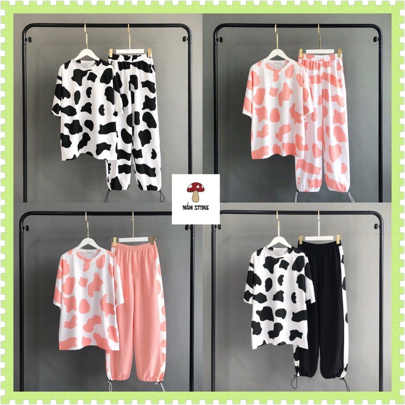 Set bò sữa đen, hồng gồm Áo thun bò sữa form rộng + Quần dài bò sữa 1 line ống rộng dây rút (Ảnh thật)